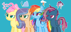 Size: 1403x635 | Tagged: safe, artist:ruganiacross, fluttershy, rainbow dash, oc, oc:feather fall, oc:purple rain, pegasus, pony, g4, alternate hairstyle, base used, blue background, eyebrows, family, female, folded wings, frown, group, lesbian, magical lesbian spawn, mare, offspring, parent:fluttershy, parent:rainbow dash, parents:flutterdash, pegasus oc, quartet, raised eyebrow, ship:flutterdash, shipping, simple background, watermark, wings