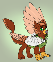 Size: 1280x1496 | Tagged: safe, artist:malinraf1615, oc, oc only, oc:pavlos, griffon, bandage, colored wings, gradient background, male, solo, two toned wings, wings