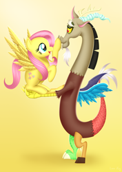 Size: 2480x3508 | Tagged: safe, artist:leonkay, discord, fluttershy, draconequus, pony, g4, boop, cute, daaaaaaaaaaaw, duo, duo male and female, female, gradient background, male, shyabetes, weapons-grade cute