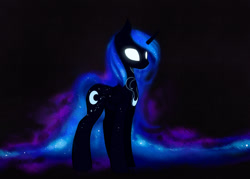 Size: 1600x1147 | Tagged: safe, artist:magnaluna, princess luna, alicorn, pony, g4, dark, ethereal mane, ethereal tail, female, folded wings, glowing, glowing eyes, horn, mare, solo, tail, wings