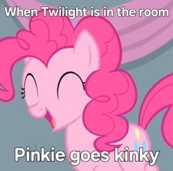 Size: 446x440 | Tagged: safe, artist:trrrebleee, edit, edited screencap, screencap, pinkie pie, earth pony, pony, equestria games, g4, caption, cropped, implied twilight sparkle, kinkie pie, meme, solo, text