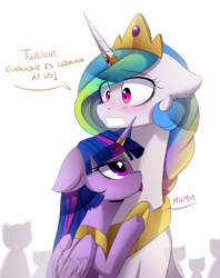 Size: 2486x3145 | Tagged: dead source, safe, artist:magnaluna, princess celestia, twilight sparkle, alicorn, pony, g4, blushing, crown, cute, cutelestia, dialogue, duo, duo female, embarrassed, eye clipping through hair, eyebrows, eyebrows visible through hair, female, floppy ears, folded wings, high res, hoof shoes, horn, horn jewelry, horn ring, jewelry, lesbian, licking, mare, neck licking, peytral, princess shoes, public, regalia, ring, ship:twilestia, shipping, teeth, tongue out, twiabetes, twilight sparkle (alicorn), wide eyes, wings