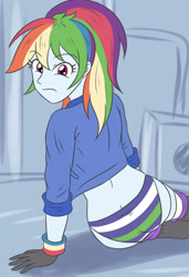 Size: 1876x2750 | Tagged: safe, artist:sumin6301, rainbow dash, human, equestria girls, g4, alternate hairstyle, ass, butt, clothes, eyebrows, eyebrows visible through hair, female, frown, gloves, high res, jacket, looking at you, looking back, looking back at you, panties, ponytail, rainbutt dash, sitting, solo, striped underwear, underwear