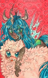 Size: 1086x1780 | Tagged: safe, artist:fukuroti, queen chrysalis, oc, oc:fluffle puff, changeling, changeling queen, pony, g4, :p, duo, female, heart, looking at you, on top, tongue out, traditional art