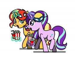 Size: 1800x1350 | Tagged: safe, artist:flutterluv, starlight glimmer, sunset shimmer, pony, unicorn, g4, cup, deadpool, deadpool and wolverine, duo, food, horn, magic, marvel, mask, popcorn, simple background, smiling, telekinesis, walking, white background, wolverine, x-men