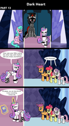 Size: 1920x3516 | Tagged: safe, artist:platinumdrop, apple bloom, aquamarine, king sombra, princess flurry heart, scootaloo, sweetie belle, alicorn, earth pony, pegasus, pony, unicorn, comic:dark heart, g4, 3 panel comic, abuse, alternate timeline, applebuse, armor, blushing, book, chains, collar, comic, commission, crystal, crystal castle, crystal empire, curved horn, cutie mark crusaders, dark crystal, dialogue, diary, evil flurry heart, female, flurry heart is amused, folded wings, glowing, glowing horn, horn, husband and wife, indoors, looking at each other, looking at someone, magic, magic aura, male, mare, older, older apple bloom, older aquamarine, older cmc, older flurry heart, older scootaloo, older sweetie belle, scootabuse, ship:flurrybra, shipping, sitting, slave, slave collar, smiling, smug, smug smile, speech bubble, spiked collar, spiked wristband, stallion, straight, sweetiebuse, telekinesis, throne, throne room, victorious villain, walking, wall of tags, wings, wristband