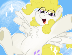 Size: 1348x1048 | Tagged: safe, artist:bluemoon, surprise, pegasus, pony, g1, g4, adoraprise, belly, chest fluff, cute, female, flying, g1 to g4, generation leap, happy, mare, open mouth, open smile, shiny, sky, smiling, solo, sparkles, surprise can fly