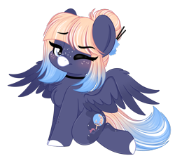 Size: 1774x1648 | Tagged: safe, artist:emberslament, oc, oc only, oc:kimono silk, pegasus, pony, blue coat, blue eyes, blushing, chest fluff, choker, coat markings, colored hooves, colored muzzle, eyebrows, eyebrows visible through hair, female, female oc, freckles, gradient mane, gradient tail, hair bun, hairpin, heart, heart eyes, hooves, leg freckles, looking at you, mare, mare oc, one eye closed, pale muzzle, partially open wings, pegasus oc, pretty, raised eyebrow, shiny eyelashes, shiny eyes, simple background, sitting, solo, tail, three toned mane, three toned tail, tied mane, transparent background, two toned mane, white hooves, wing fluff, wingding eyes, wings, wink, winking at you