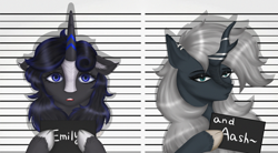 Size: 3782x2092 | Tagged: artist needed, safe, oc, oc only, oc:emmily, kirin, duo, mugshot