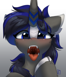 Size: 5376x6304 | Tagged: safe, artist:lunylin, oc, oc only, oc:emmily, kirin, blushing, drool, esophagus, fangs, gradient background, mawshot, offscreen character, open mouth, oral invitation, pov, saliva puddle, salivating, slimy, solo, tongue out, uvula