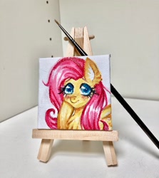 Size: 1828x2048 | Tagged: safe, artist:puffyrin, fluttershy, pegasus, pony, g4, blushing, bust, canvas, female, frown, mare, solo, traditional art