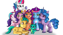 Size: 1920x1080 | Tagged: safe, artist:jbond, hitch trailblazer, izzy moonbow, misty brightdawn, pipp petals, sparky sparkeroni, sunny starscout, zipp storm, dragon, earth pony, pegasus, pony, unicorn, g5, baby, baby dragon, coat markings, cute, female, group, horn, jewelry, male, mane five, mane seven (g5), mane six (g5), mane stripe sunny, mare, open mouth, papa hitch, parody, rebirth misty, regalia, royal sisters (g5), siblings, simple background, sisters, stallion, unshorn fetlocks, white background