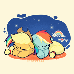 Size: 900x900 | Tagged: safe, artist:candywang12648, applejack, rainbow dash, earth pony, pegasus, pony, g4, cute, dashabetes, duo, duo female, eyes closed, female, jackabetes, lesbian, lying down, lying on top of someone, prone, ship:appledash, shipping, simple background, yellow background