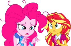 Size: 3839x2520 | Tagged: safe, edit, edited screencap, editor:homersimpson1983, screencap, pinkie pie, sunset shimmer, human, equestria girls, g4, background removed, duo, duo female, female, not a vector, simple background, transparent background