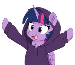 Size: 5000x4300 | Tagged: safe, artist:cloudmild, twilight sparkle, alicorn, pony, g4, arms wide open, bust, chest fluff, clothes, cute, female, hoodie, horn, mare, open mouth, open smile, raised arms, redraw, simple background, smiling, solo, style emulation, twiabetes, twilight sparkle (alicorn), white background, wings