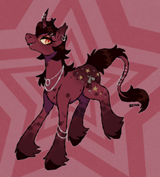 Size: 1100x1219 | Tagged: safe, artist:beyhr, oc, oc only, oc:ebony star, pony, unicorn, artfight, bracelet, brown hooves, coat markings, colored ear tufts, colored hooves, curved horn, ear piercing, ear tufts, earring, eyebrow piercing, eyelashes, eyeshadow, female, female oc, fringe, gift art, hooves, horn, horn markings, jewelry, leg markings, leonine tail, lip piercing, lipstick, looking back, makeup, mare, mare oc, necklace, orange eyes, outline, piercing, profile, red coat, red eyeshadow, red lipstick, red mane, red tail, shiny mane, shiny tail, signature, silver jewelry, slit pupils, smiling, socks (coat markings), solo, spots, spotted, star background, tail, tail fluff, tail jewelry, tail piercing, text, two toned background, unicorn oc, unshorn fetlocks, wall of tags