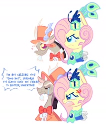 Size: 2021x2369 | Tagged: safe, artist:acid-fangs, discord, fluttershy, draconequus, pegasus, pony, g4, make new friends but keep discord, 2 panel comic, angry, black hair, blue eyelashes, blue pupils, blue text, bowtie, bust, clothes, colored eyebrows, colored eyelashes, colored pinnae, colored pupils, colored sclera, comic, cross-popping veins, crying, dialogue, dress, duo, duo male and female, emanata, eyes closed, fascinator, female, floating heart, frown, gala, gala dress, gala outfit, hat, heart, heart eyes, high res, horns, i'm not calling you good boy, implied tree hugger, long ears, looking at someone, male, mare, meme, mismatched horns, misspelling, open frown, open mouth, peacock feathers, pink mane, profile, scarf, ship:discoshy, shipping, simple background, smiling at someone, speech bubble, straight, suit, teal eyes, teeth, text, top hat, two toned eyes, watermark, white background, wingding eyes, yelling, yellow coat, yellow sclera