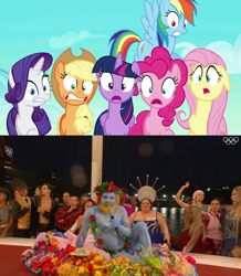 Size: 1272x1460 | Tagged: safe, edit, edited screencap, screencap, applejack, fluttershy, pinkie pie, rainbow dash, rarity, twilight sparkle, alicorn, earth pony, human, pegasus, pony, unicorn, g4, the crystalling, clothes, cringe comedy, fear, female, food, france, french, horn, irl, mane six, mare, nudity, olympic games, olympics, paris, paris 2024, philippe katerine, photo, shitposting, surprised, the last supper, twilight sparkle (alicorn)