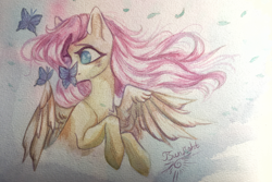 Size: 4000x2677 | Tagged: safe, artist:jsunlight, fluttershy, butterfly, pegasus, pony, g4, butterfly on nose, insect on nose, leaves, solo, traditional art, watercolor painting, windswept mane