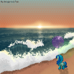 Size: 1270x1270 | Tagged: safe, artist:dangerous fish, oc, oc only, oc:wave chaise, pony, pony town, artfight, atmosphere, base used, beach, blue mane, digital art, dithering, female, gift art, mare, ocean, outdoors, pixel art, sand, shadow, solo, summer, sun, sunset, water, wave