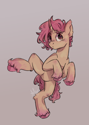 Size: 1204x1684 | Tagged: safe, artist:alex6886, oc, oc only, oc:cotton bloom, pony, unicorn, blushing, brown eyes, ear fluff, fluffy, gradient background, horn, pink hair, signature, solo, unshorn fetlocks