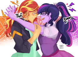 Size: 1440x1057 | Tagged: safe, artist:inkrred, sci-twi, sunset shimmer, twilight sparkle, human, equestria girls, g4, blushing, duo, duo female, female, gradient background, heart, lesbian, ship:sci-twishimmer, ship:sunsetsparkle, shipping