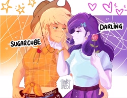 Size: 2048x1570 | Tagged: safe, artist:inkrred, applejack, rarity, human, equestria girls, g4, darling, duo, duo female, female, flower, food, gradient background, lesbian, rose, ship:rarijack, shipping, sugarcube, wheat