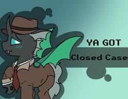 Size: 1348x1048 | Tagged: safe, artist:bluemoon, oc, oc only, oc:closed case, changeling, pony, banned from equestria daily, blushing, changeling oc, clothes, commission, fanart, gradient background, hat, male, necktie, solo, stallion, suit, ya got, ych result, your character here