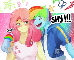 Size: 2048x1667 | Tagged: safe, artist:inkrred, fluttershy, rainbow dash, equestria girls, g4, arm on shoulder, blushing, duo, duo female, female, lesbian, ship:flutterdash, shipping, yelling