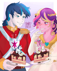 Size: 1440x1800 | Tagged: safe, artist:inkrred, princess cadance, shining armor, human, a canterlot wedding, equestria girls, g4, my little pony: friendship is magic, cake, cake slice, duo, duo male and female, female, food, gradient background, male, meme, ship:shiningcadance, shipping, straight, the bride and the ugly ass groom, wedding cake