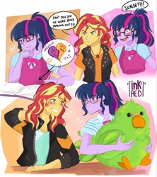 Size: 1822x2048 | Tagged: safe, artist:inkrred, sci-twi, sunset shimmer, twilight sparkle, bird, human, parakeet, equestria girls, g4, blushing, book, collage, doodle, duo, duo female, embarrassed, female, heart, implied kissing, it's not about the parakeet, lesbian, notebook, plushie, ship:sci-twishimmer, ship:sunsetsparkle, shipping, speech bubble, spoken heart, text