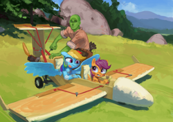 Size: 1500x1057 | Tagged: safe, artist:redruin01, rainbow dash, scootaloo, oc, oc:anon, human, pegasus, pony, g4, cute, plane, trio