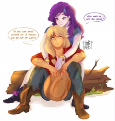 Size: 1940x2048 | Tagged: safe, artist:inkrred, applejack, rarity, equestria girls, g4, duo, duo female, female, hug, hug from behind, lesbian, log, nickname, ship:rarijack, shipping, simple background, sitting, white background