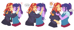 Size: 3675x1500 | Tagged: safe, artist:inkrred, sci-twi, sunset shimmer, twilight sparkle, equestria girls, g4, 3 panel comic, blushing, clothes, comic, dialogue, duo, duo female, english, female, kissing, lesbian, ship:sci-twishimmer, ship:sunsetsparkle, shipping, simple background, speech bubble, spoken heart, surprise kiss, white background