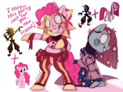 Size: 2048x1535 | Tagged: safe, artist:crees-a, pinkie pie, pony, robot, robot pony, g4, animatronic, bow, choker, creepy, creepy smile, crossover, daycare, ear piercing, five nights at freddy's, five nights at freddy's: security breach, fusion, looking at you, moon, moondrop, piercing, pinkamena diane pie, ponified, pose, roboticization, signature, simple background, smiling, smiling at you, speech bubble, sun, sunrise, tail, tail bow, title card, unshorn fetlocks, video game crossover, white background