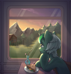 Size: 1550x1600 | Tagged: safe, artist:moewwur, artist:rin-mandarin, oc, oc only, oc:guaiacol, pony, unicorn, backlighting, complex background, female, flower, food, gray eyes, green mane, halfbody, horn, mare, nature, plate, sandwich, sitting, solo, sunrise, train, window