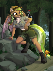 Size: 1040x1390 | Tagged: safe, artist:sirzi, oc, oc only, oc:sylvia evergreen, bird, pegasus, woodpecker, anthro, unguligrade anthro, boots, bow, braid, clothes, colored wings, female, forest, freckles, midriff, nature, open mouth, open smile, outdoors, partially open wings, pegasus oc, ranger, shoes, shorts, smiling, solo, tail, tail bow, tree, two toned wings, wings