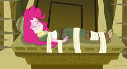 Size: 2916x1581 | Tagged: safe, alternate character, alternate version, artist:nie-martw-sie-o-mnie, part of a set, pinkie pie, human, equestria girls, g4, read it and weep, bondage, boots, clothes, explorer outfit, eyes closed, female, femsub, gag, hat, peril, pinkiesub, pith helmet, shoes, solo, submissive, tape, tape bondage, tape gag