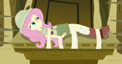 Size: 2928x1550 | Tagged: safe, alternate character, alternate version, artist:nie-martw-sie-o-mnie, part of a set, fluttershy, human, equestria girls, g4, read it and weep, bondage, boots, clothes, explorer outfit, female, femsub, fluttersub, gag, hat, peril, pith helmet, shoes, shorts, socks, solo, submissive, tape, tape bondage, tape gag