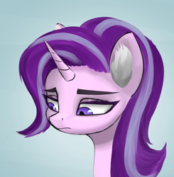 Size: 1023x1043 | Tagged: safe, artist:houl2902, starlight glimmer, pony, unicorn, g4, bust, colored ear fluff, ear fluff, female, gradient background, horn, looking down, mare, portrait, sad, solo