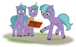 Size: 2897x1807 | Tagged: safe, artist:equestriaexploration, periwinkle pi, shiny sparks, alicorn, earth pony, pony, unicorn, g5, alicornified, book, horn, magic, race swap, self paradox, self ponidox, simple background, sparksicorn, transparent background, watch, wristwatch