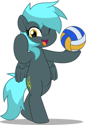 Size: 3449x5000 | Tagged: safe, artist:jhayarr23, oc, oc only, oc:storm aura, pegasus, pony, fallout equestria, ball, bipedal, commission, commissioner:solar aura, mane in face, one eye closed, one eye open, pegasus oc, simple background, solo, sports, transparent background, volleyball, wings, wink