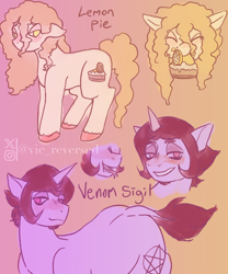 Size: 2500x3000 | Tagged: safe, artist:vicreversed, oc, oc only, oc:lemonpie, oc:venomsigil, pegasus, pony, unicorn, duo, gradient background, horn