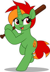 Size: 3508x5000 | Tagged: safe, artist:jhayarr23, oc, oc only, oc:blazing haze, pony, unicorn, baseball bat, bipedal, commission, commissioner:solar aura, green pony, horn, pixie cut, red eyes, short hair, simple background, solo, sports, tomboy, transparent background, unicorn oc