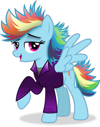 Size: 3186x4035 | Tagged: safe, artist:anime-equestria, rainbow dash, pegasus, pony, g4, alternate hairstyle, clothes, female, jacket, lidded eyes, looking at you, mare, multicolored hair, open mouth, open smile, rainbow hair, raised hoof, simple background, smiling, solo, spread wings, transparent background, vector, wings