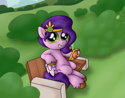 Size: 4661x3656 | Tagged: safe, artist:background basset, pipp petals, pegasus, pony, g5, absurd resolution, adorapipp, bench, cellphone, colored wings, cute, diadem, female, folded wings, grin, headband, holding, jewelry, looking at you, mare, park, phone, regalia, sitting, smiling, smiling at you, solo, unshorn fetlocks, wings