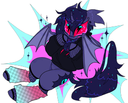 Size: 2760x2226 | Tagged: safe, artist:pondwater, oc, oc only, oc:princess sexy death, alicorn, bat pony, bat pony alicorn, pony, alicorn oc, artfight, bags under eyes, bat pony alicorn oc, bat pony oc, bat wings, black hoodie, clothes, colored wings, ear fluff, ear piercing, emanata, eye clipping through hair, eyelashes, eyeshadow, fangs, fishnet clothing, fishnet gloves, floppy ears, gauges, gift art, gloves, grin, hoodie, horn, leg warmers, leonine tail, makeup, partially open wings, piercing, pink eyes, purple coat, purple mane, red eyes, sharp teeth, simple background, smiling, solo, sparkles, sparkly mane, tail, teeth, three toned mane, transparent background, two toned wings, unicorn horn, wingding eyes, wings