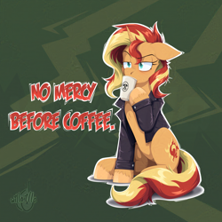 Size: 2000x2000 | Tagged: safe, artist:willoillo, sunset shimmer, pony, unicorn, g4, art, clothes, coffee, drink, drinking, female, high res, hoof hold, horn, illustration, jacket, leather, leather jacket, mare, meme, sitting, solo, unshorn fetlocks