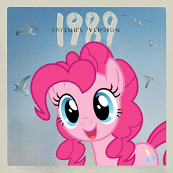 Size: 1080x1080 | Tagged: artist needed, safe, pinkie pie, bird, earth pony, pony, seagull, g4, 1989, 1989 (pinkie's version), album, album cover, female, happy, looking at you, mare, open mouth, solo, taylor swift