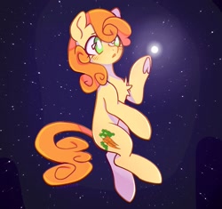 Size: 1805x1699 | Tagged: safe, artist:sillyp0ne, carrot top, golden harvest, earth pony, pony, g4, blush lines, blushing, chest fluff, curly mane, curly tail, eye clipping through hair, eyebrows, eyebrows visible through hair, female, floating, frog (hoof), full moon, green eyes, in air, long mane, long tail, looking at something, mare, moon, night, orange mane, orange tail, outdoors, palindrome get, raised hoof, signature, solo, starry background, stars, tail, text, thin, underhoof, white pupils, yellow coat